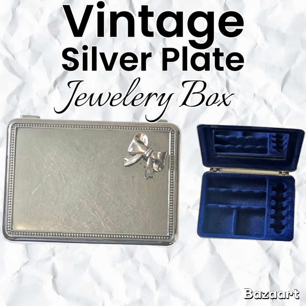 Vintage Silver Plate Jewelry Box with Bow Accent
